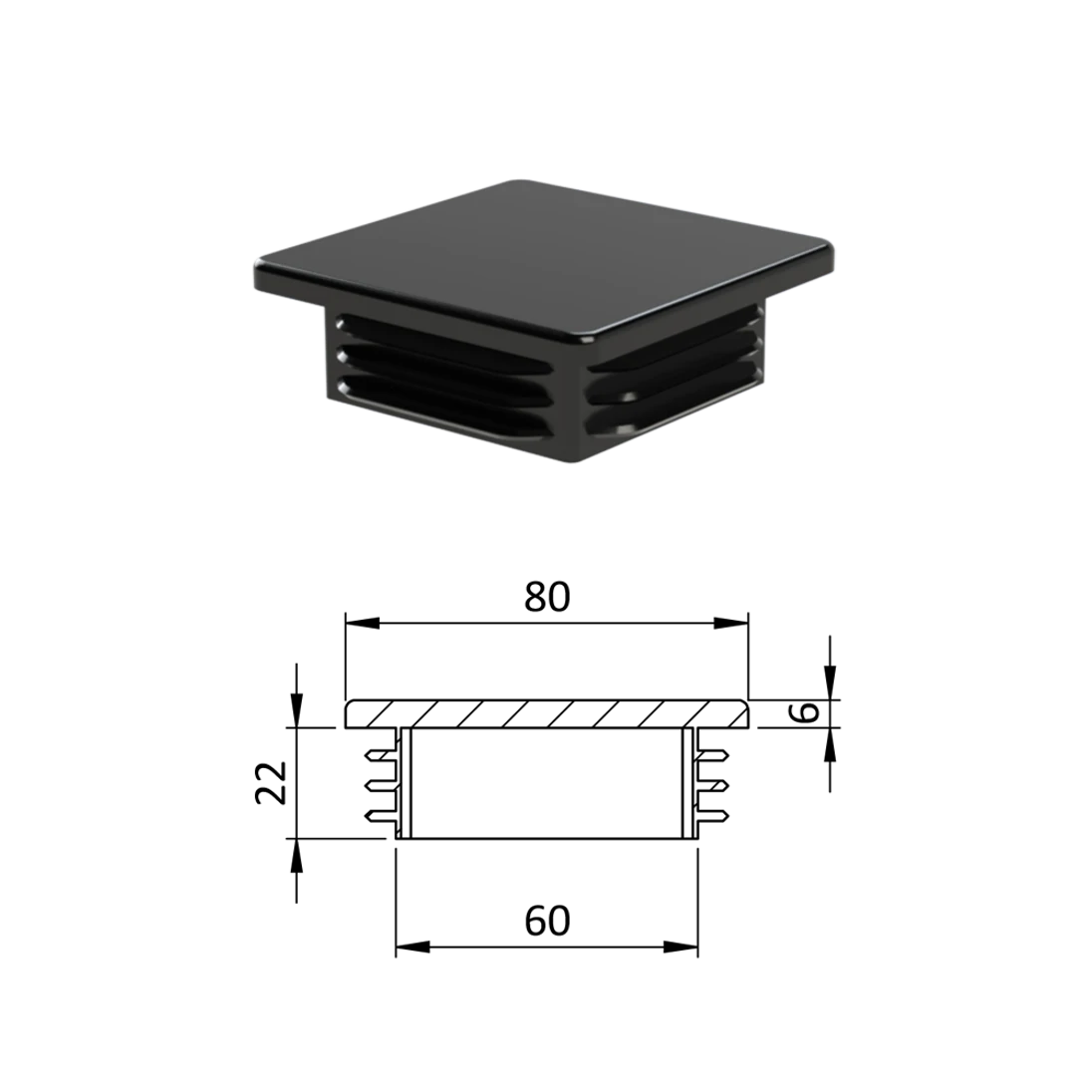 Krytka plastová 80 x 80 x 5 - 8 mm, čierna