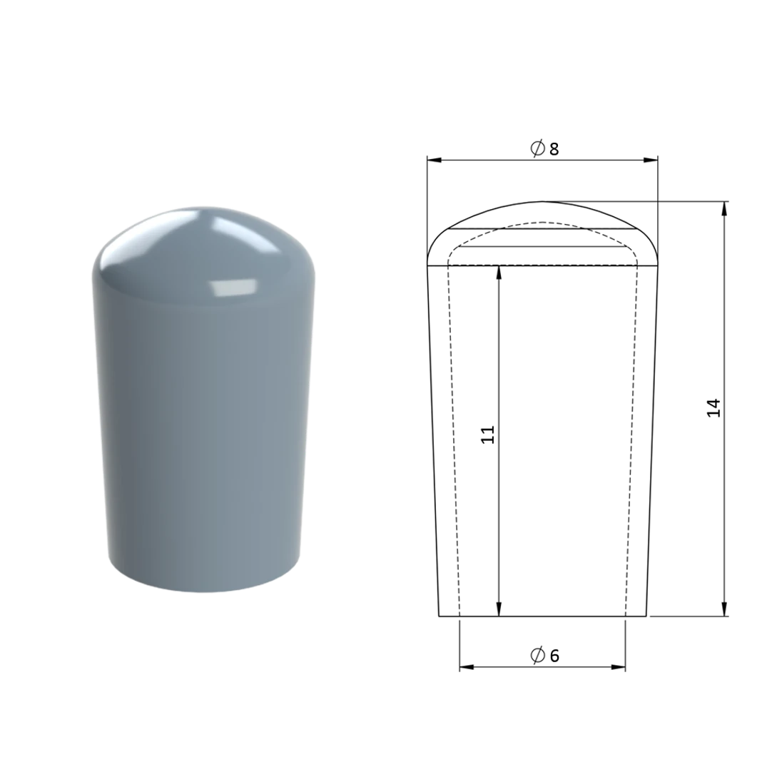 Vnější krytka PVC ø 8 x 14 mm, otvor 6 x 11 mm, šedá