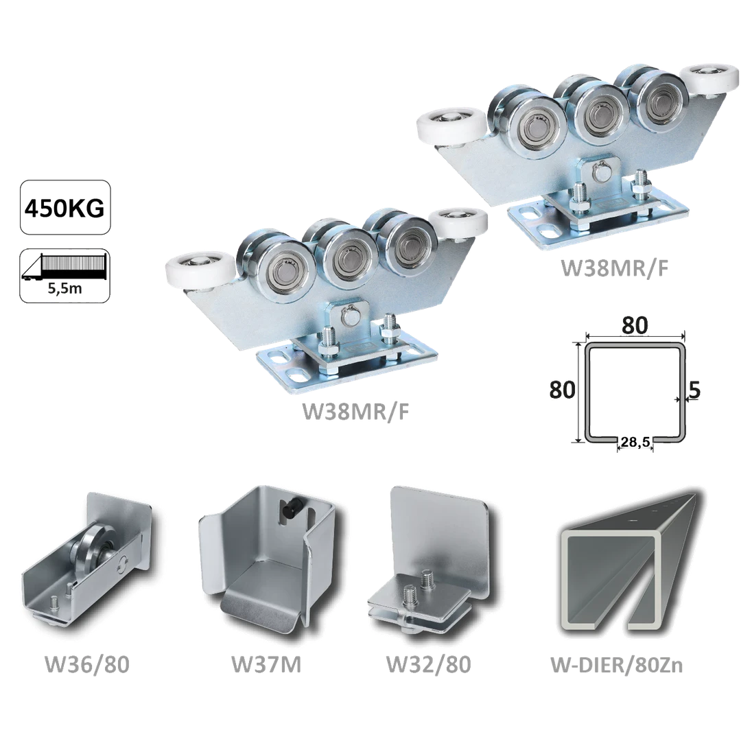 Samonos do 450 kg/5,5 m, dierovaný profil 80 × 80 × 5 mm, Zn