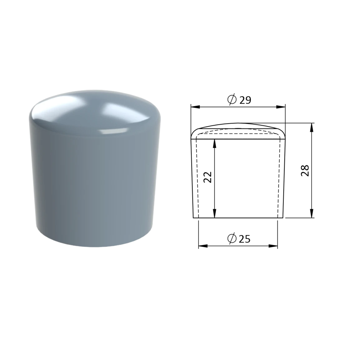 Vnější krytka PVC ø 29 x 28 mm, otvor 25 x 22 mm, šedá