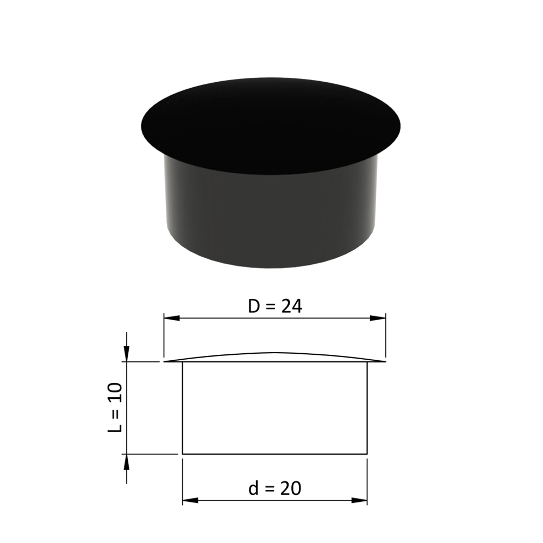 Vnútorná krytka guľatá ø 24 mm, otvor ø 20 mm, čierna, plast