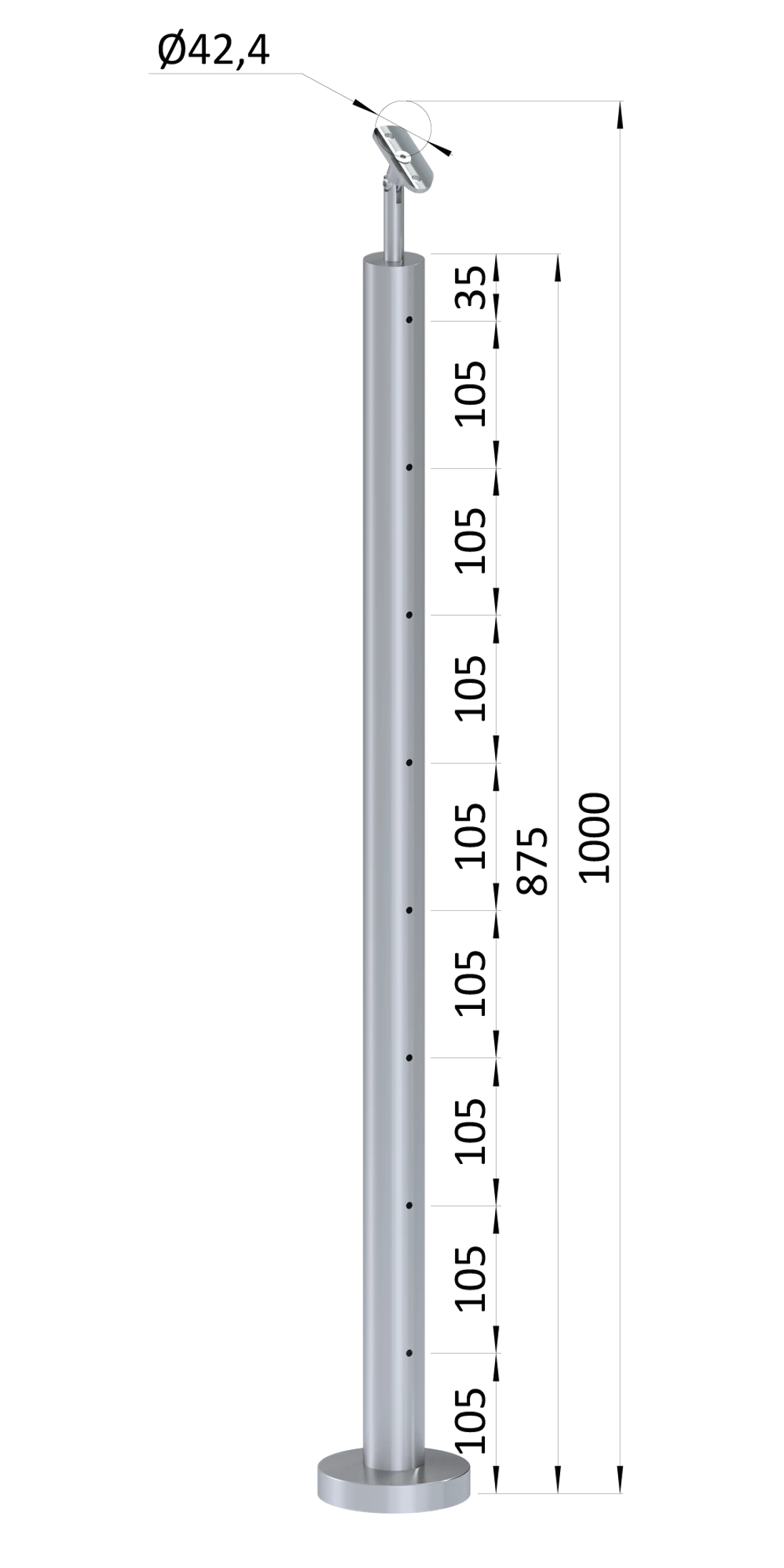 Nerezový sloup, vrchní kotvení, 8děrový, lanko, průchozí