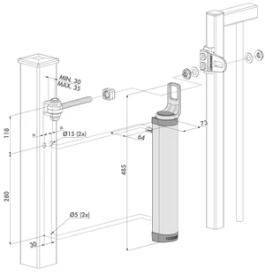 Hydraulický zatvárač 180°, montáž na pánty, M16 a M20, RAL9005 - slide 1
