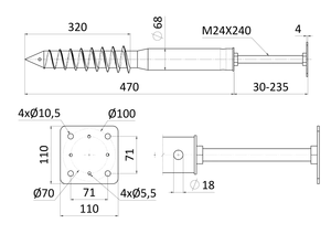 Zemní vrut, patka M24, 110 x 110 mm, žárový pozink - slide 2