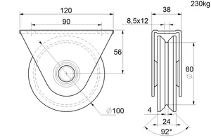 Vodiace koliesko ø 100 mm, V profil, nosnosť 230 kg - slide 1
