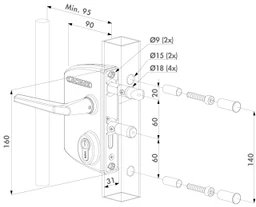 LOCINOX® Zámkový set LAKQ U2 pre montáž na štvorcový profil  (kazeta, zámok, hliníkové kľučky, cylindrická vložka), voliteľná farba RAL
