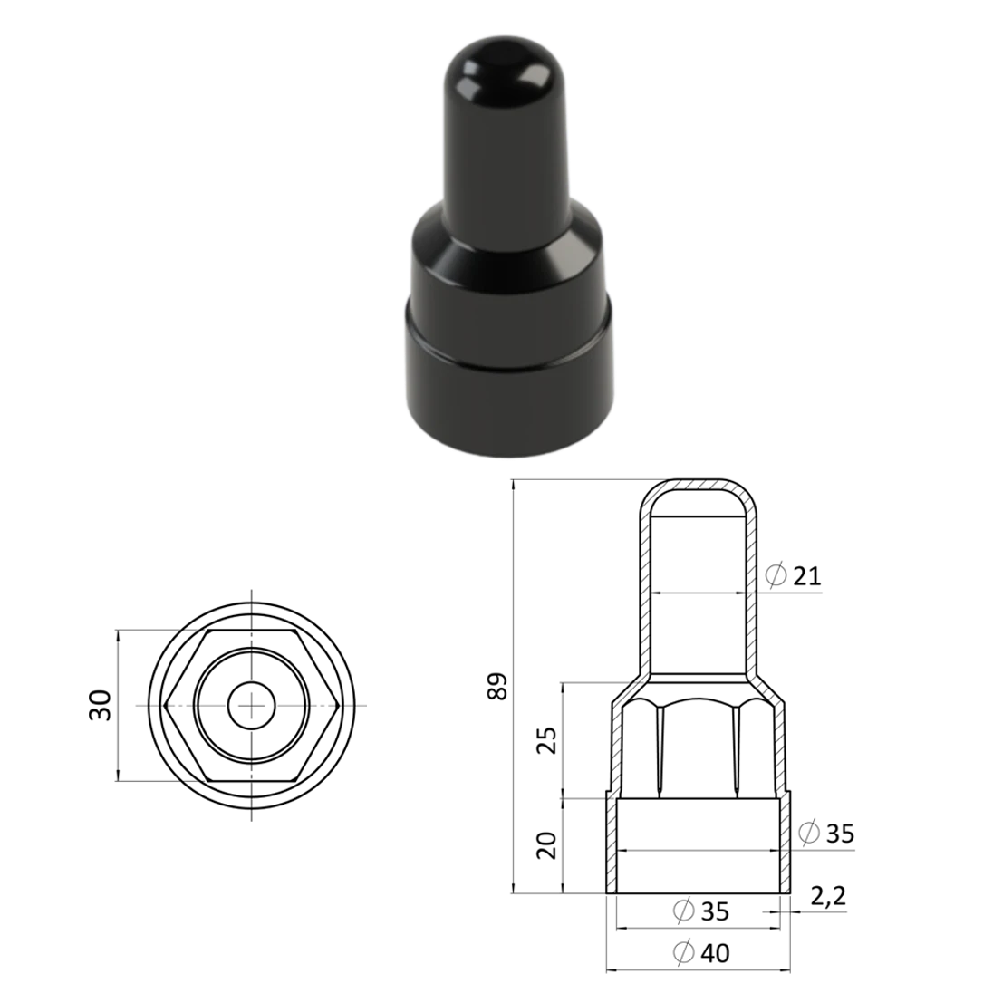 Krytka plastová na matice a skrutky M20, predĺžená, čierna