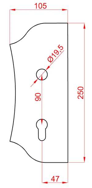 Štít 250x104x3mm s otvory, otvor pro kliku ø 19,5mm, hladký, oboustranný (levý i pravý), pro zámek ZM90/80 - slide 1