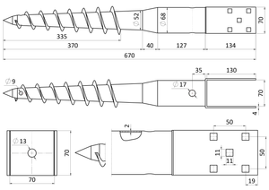 Zemný vrut, pätka U, 70 x 70 mm, žiarový pozink - slide 1