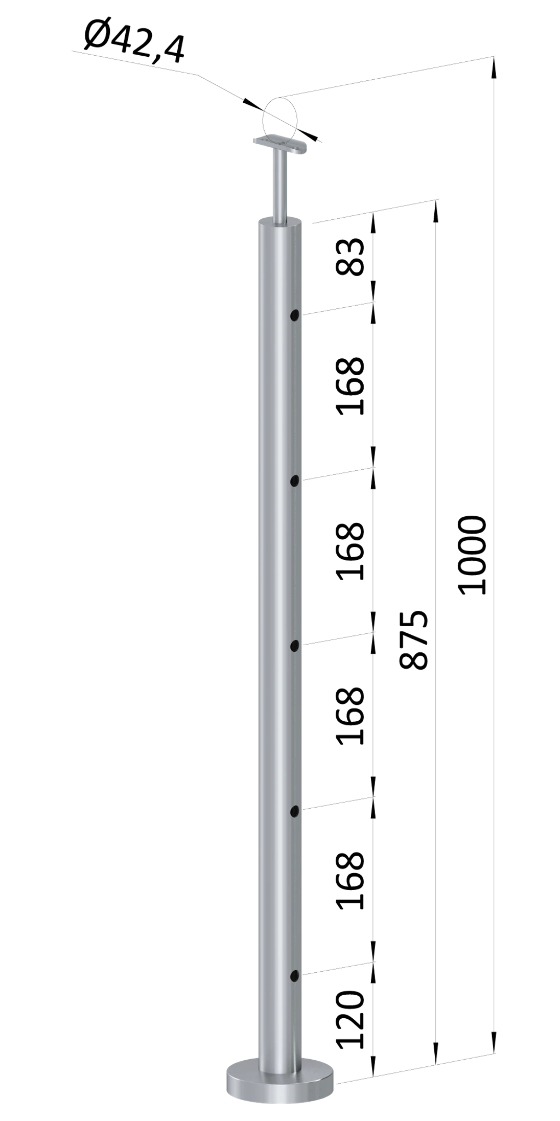 Nerezový stĺp, vrchné kotvenie, 5-dierový, koncový
